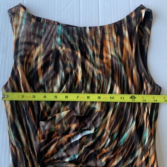 Escada Sleeveless Brown Green Orange Tropical Patterned Dress With Side Ruching - Picture 7 of 8